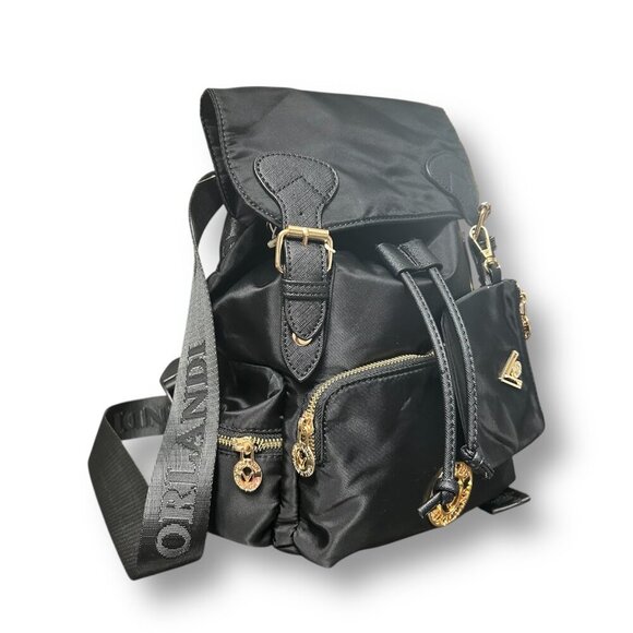 Valentino Orlandi Black Vegan Nylon Backpack w/ Pouch Logo Gold Hardwarware NWT - Picture 3 of 10